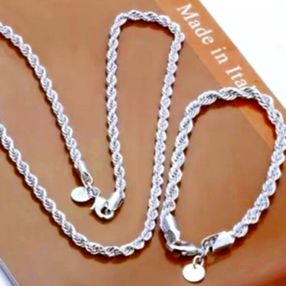 Sterling Silver Braided Rope Necklace & Bracelet Set - Picture 1 of 8